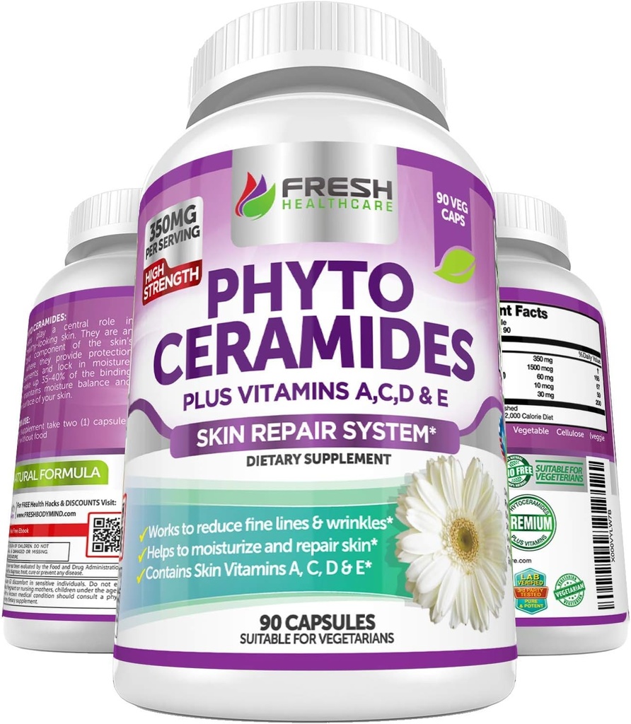 Phytoceramider - 3 måneders levering - Plus hudvitaminer A, C, D & E til hudreparation og foryngelse - Anti Aging Powerhouse for Reducerede fine linier og wrinkler af Fresh Healthcare