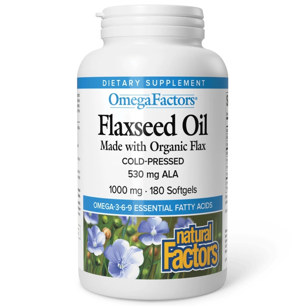 Omega Faktorer af naturlige faktorer, Flaxseed Oil, Understøtter samlet sundhed med Omega-3, 6 og 9 fede syrer, 180 softels (180 portioner)
