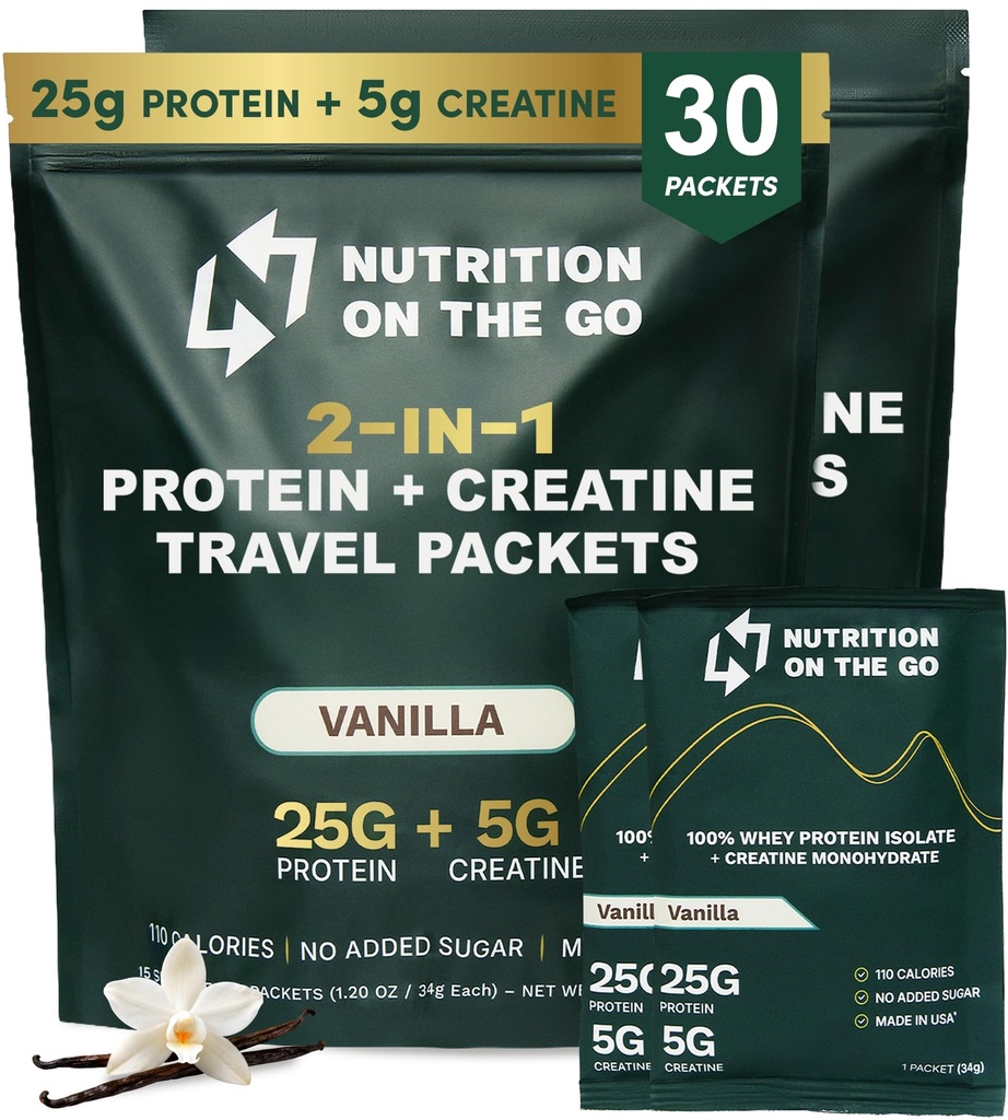 Nutrition On Go Whey Protein Isolere pakker med Creatin - 25g Protein + 5g Creatin - Single-Serve Travel Protein Powder - Vanilla (30 - Pack)