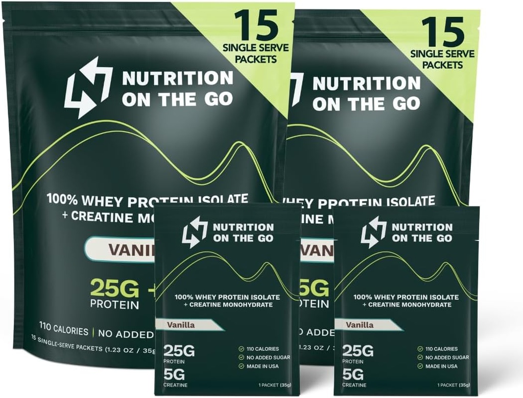 Nutrition On Go Whey Protein Isolere pakker med Creatin - 25g Protein + 5g Creatin - Single-Serve Travel Protein Powder - Vanilla (30 - Pack)