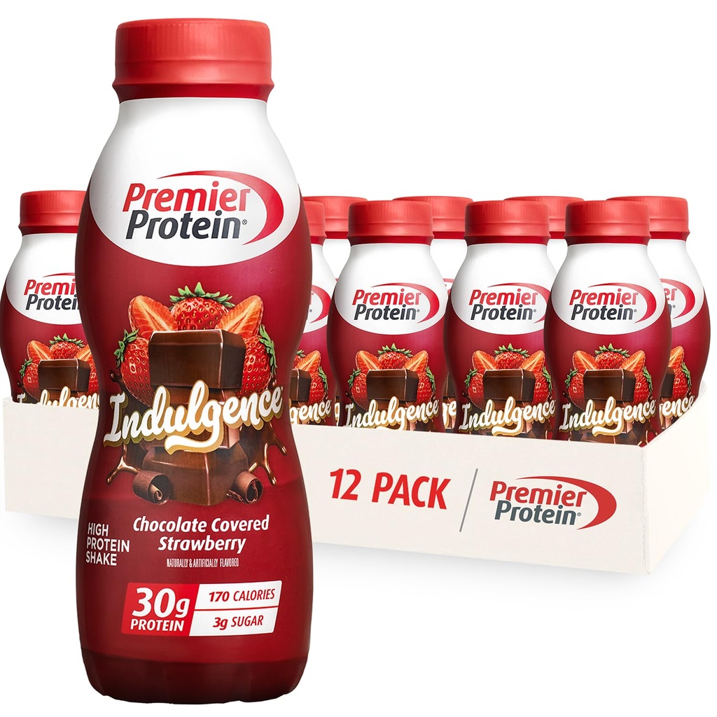 Premier Protein Indulence Protein Shake, 30g Protein, 3g Sukker, Chokolade Overtrukket Jordbær, 11,5 fl oz, Pakning med 12