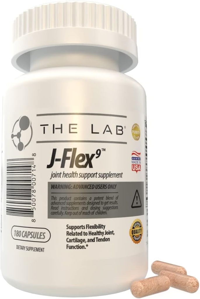 J- FLEX9 Advanced Joint Health Supplement + Cartiage Support & Tendon Function Note 124; Ingredienser omfatter: Chondroitin, Glucosamin, MSM, Curcumin, Boswellia Serrata, Collagen. Fremstillet i USA
