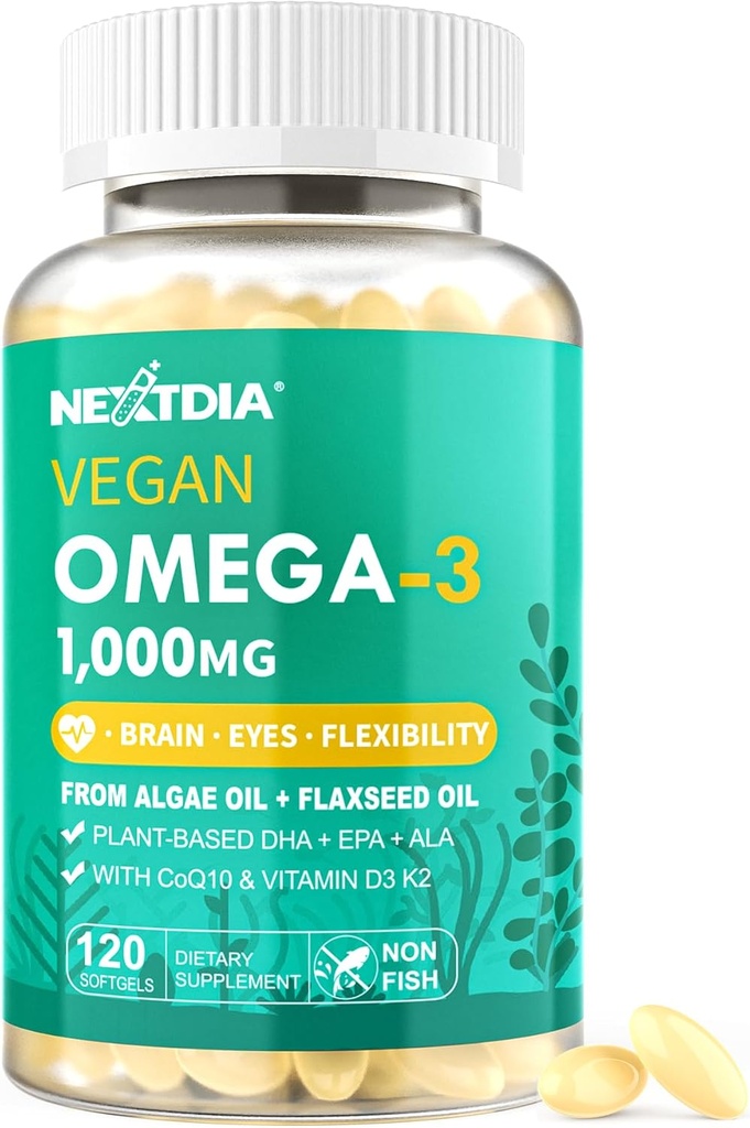 Vegan Omega 3 DHA EPA ALA Supplement with 5000IU Vitamin D3 K2 (MK7), CoQ10 for Women Men | Fish Oil Alternative | Plant Based Algae Oil Omega 3 1000mg Pills for Bone, Brain, Eye, Skin | 120 Softgels