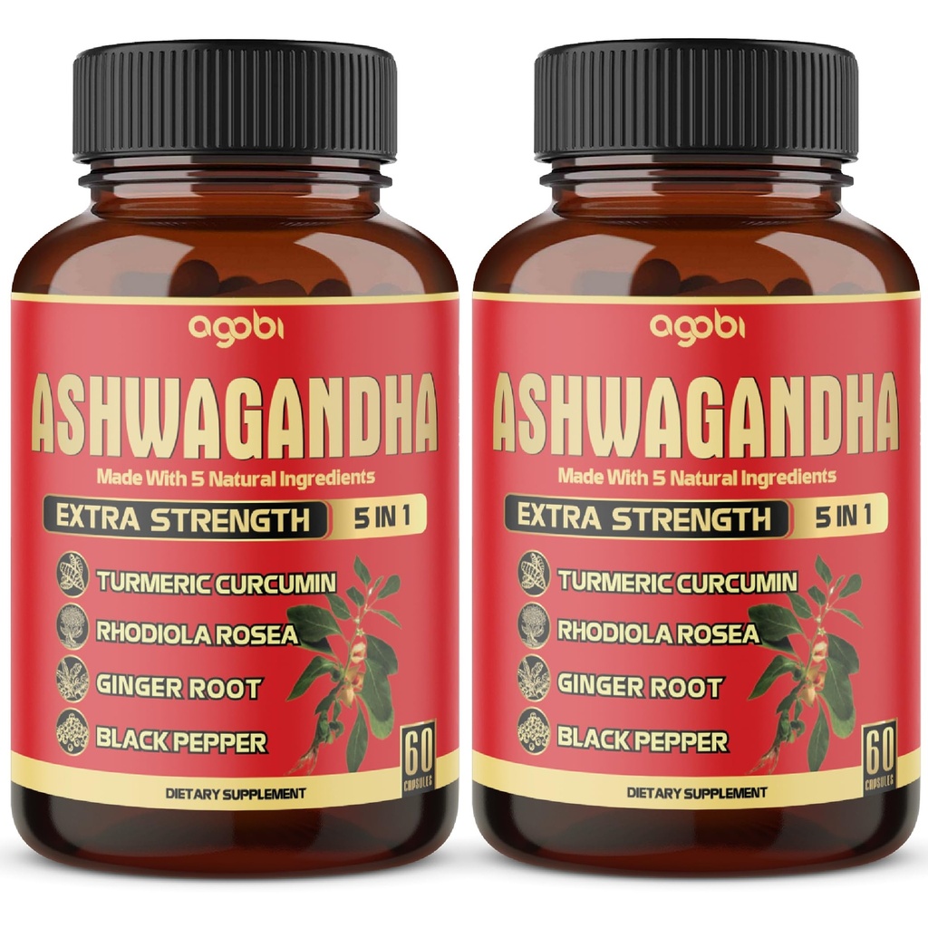 2 Pakninger - 60 Kapsler Ashwagandha Kapsler - Højkoncentreret - 5i1 Formel Ashwagandha, gurkemeje, Rhodiola Rosea, Ingefær, Sort Pepper - 4 Måned Supply