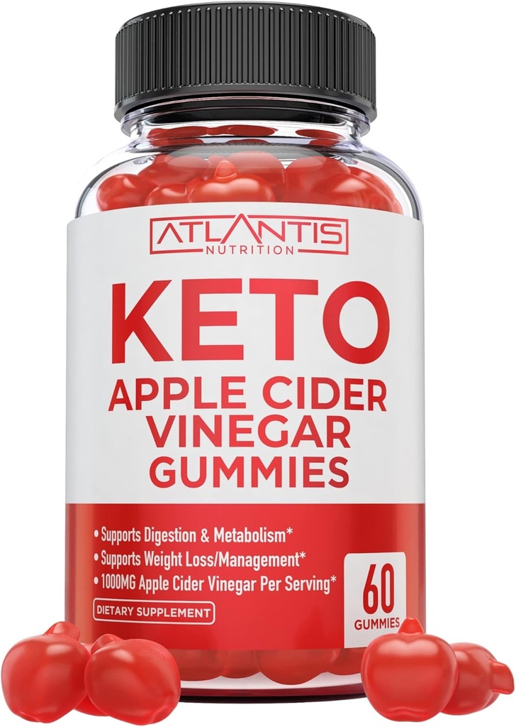 Atlantis Nutrition Keto ACV Gummies for vægttab - Apple Cider Vinegaver Gummies Formuleret til at understøtte avancerede vægttab, fordøjelse, Detox & Cleansing, Lavet med 1000MG ACV Per Servering - 60 Greve