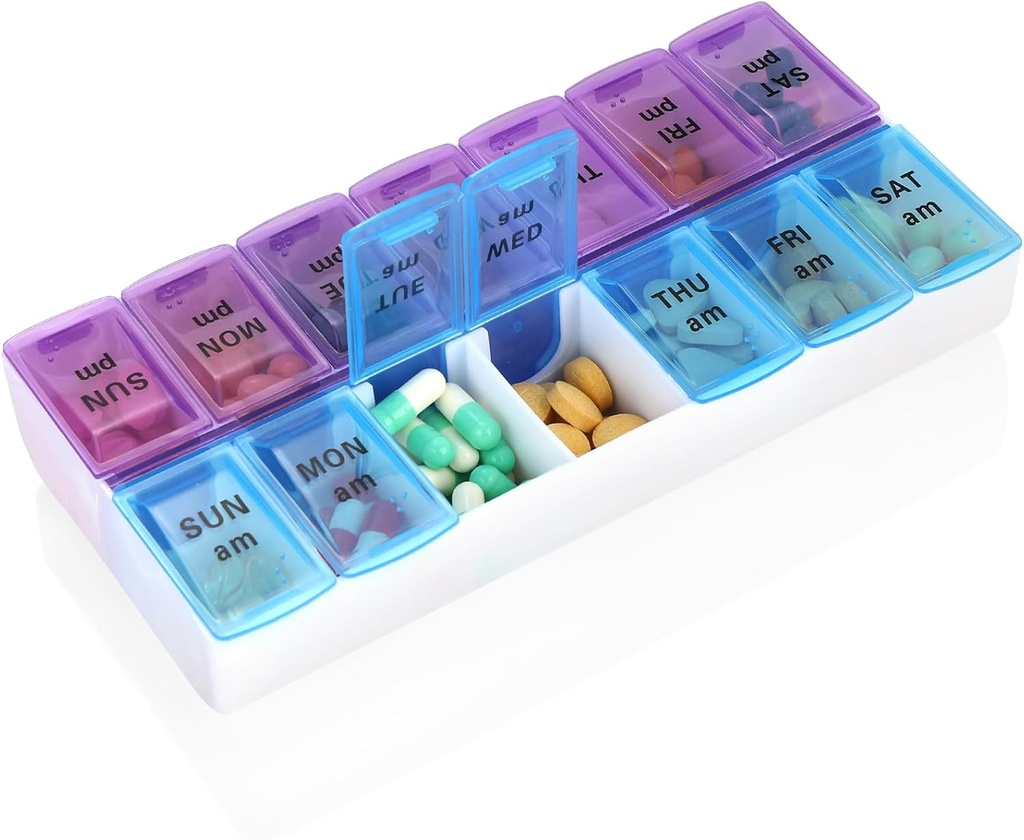 Ugentlig Pill Organizer 2 gange en dag 7 dag Pill Box Holder Stor daglig medicin Organizer rejse Pill Case Pill Container (2 gange blå + lilla)