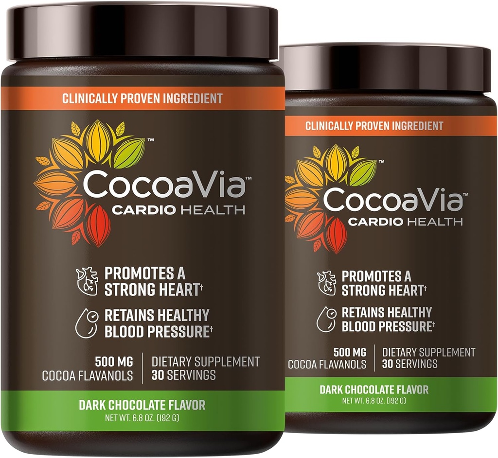 CocoaVia Cardio Sundhed Kakaopulver, 60 Servere, 500mg Kakaopulver, Support Heart Health, Boost Nitrooxid, Forbedre cirkulation, Energi, Preworkout, Vegan, Dark Chocolate Cacao