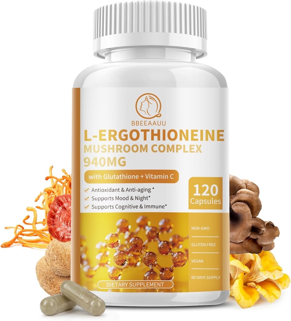 Mushroom Complex Kapsler Kosttilskud, 9 i 1 med L- Ergothioneine, Glutathione, Lions Mane, Reishi, Cordyceps, Organic Mushroom Ekstrakter til immun & antioxidant Support 120 Counts- Non GMO, Vegan