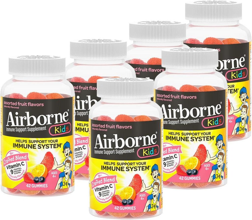 Airborne 500mg C-vitamin + Zink immunsupport Gummies for Kids, Assorted Fruit Flavor, Gluten Free Crafted Blend med stærke antioxidanter Vitamin C & E, 42 Gummies (6 Pack)