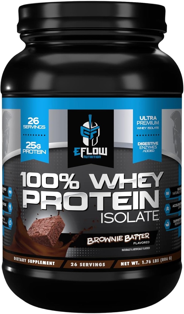 eFlow Nutrition 100% Whey Protein Isolate - Gluten & Lactose- Gratis fordøjelsesenzymer Tilføjet, Lav Carb, Post Workout Shake, Hurtig digesting for Optimal Muscle Inddrivelse - Brownie Batter (26 Servere)