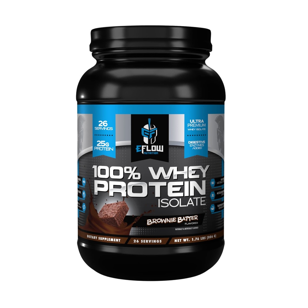 eFlow Nutrition 100% Whey Protein Isolate - Gluten & Lactose- Gratis fordøjelsesenzymer Tilføjet, Lav Carb, Post Workout Shake, Hurtig digesting for Optimal Muscle Inddrivelse - Brownie Batter (26 Servere)