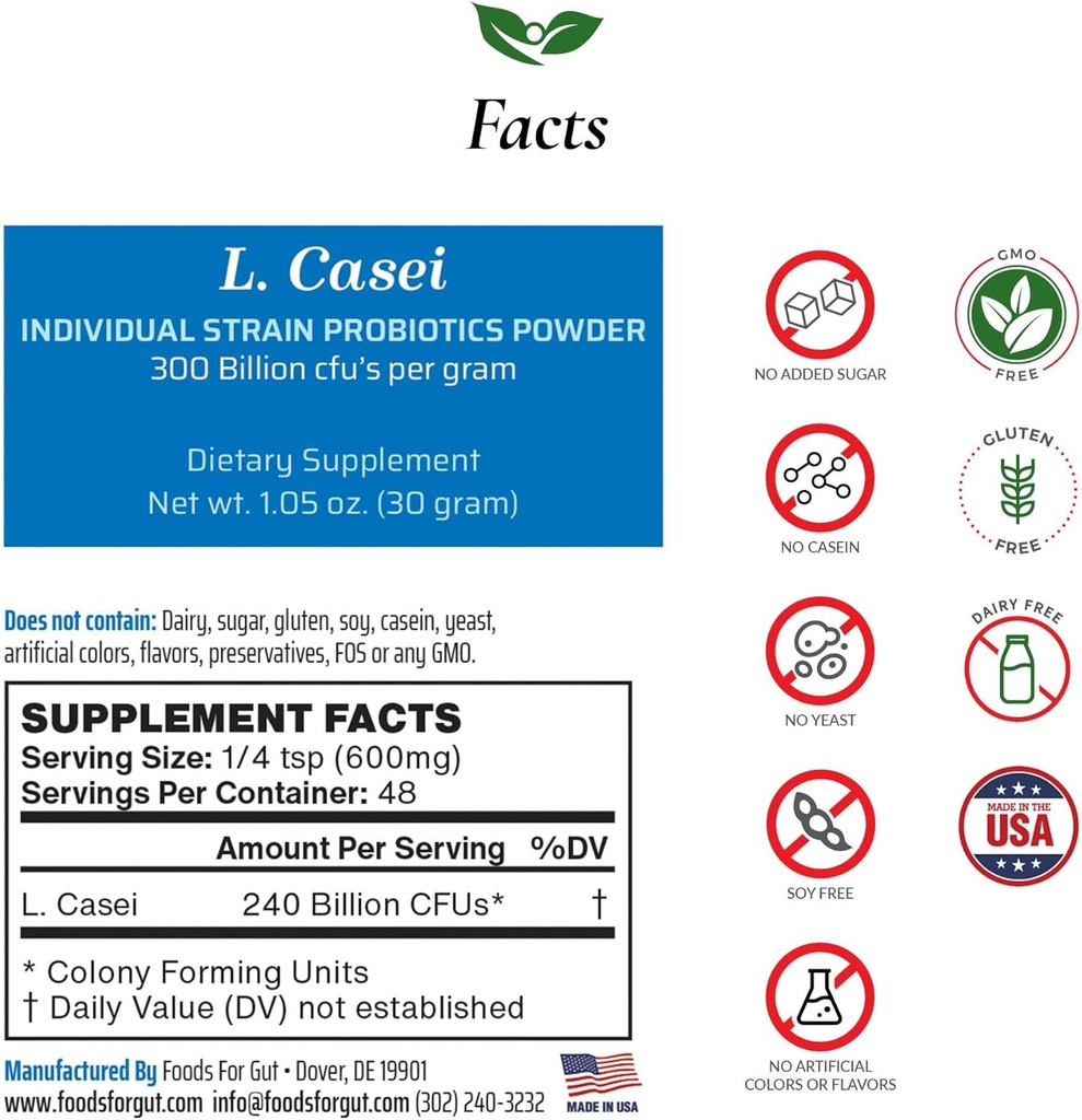 Fødevarer til Gut Lactobacillus Casei Probiotic Powder 300 Millioner cfu 's • 124; Fremstillet i USA • 124; Ingen tilsætningsstoffer • 124; Direkte fra producent • 124; Ingen Third- Party Storage • 124; immunforsvar • 124; L. Casei • 124; 30 Bedste (1,05 Oz)