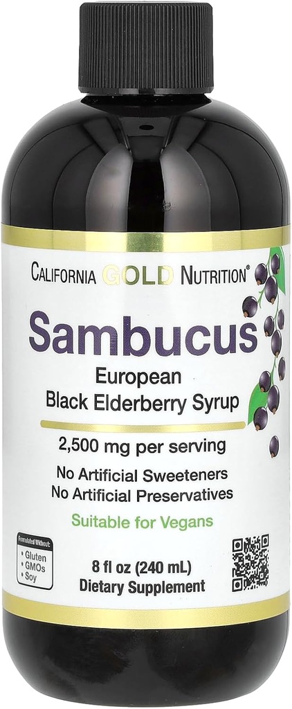 California Gold Nutrition Elderberry Syrup, Black Elderberry (Sambucus nigra) Juice Koncentrat, Sæsonlig immunforsvar, Ingen kunstige Preservativer eller sødestoffer, 2500 mg, 8 fl oz (240 ml)