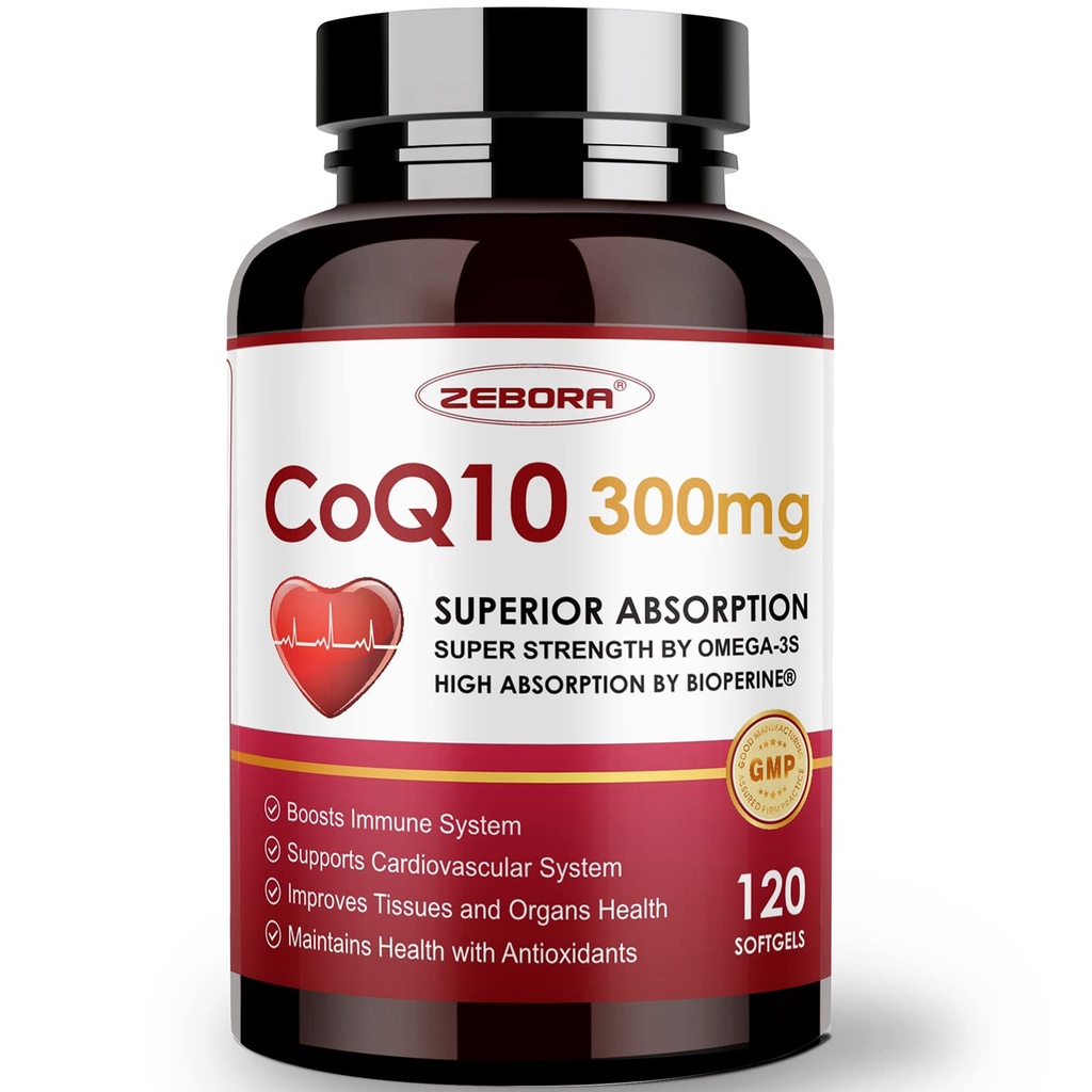 ZEBORA CoQ10- 300mg- Softgels med PQQ, BioPerine & Omega-3, 120 Servere Coenzym Q10 (Ubiquinone) Supplement til High- Absorption, Powerful- Antioxidant, Support Heart- Health & Energi- Produktion