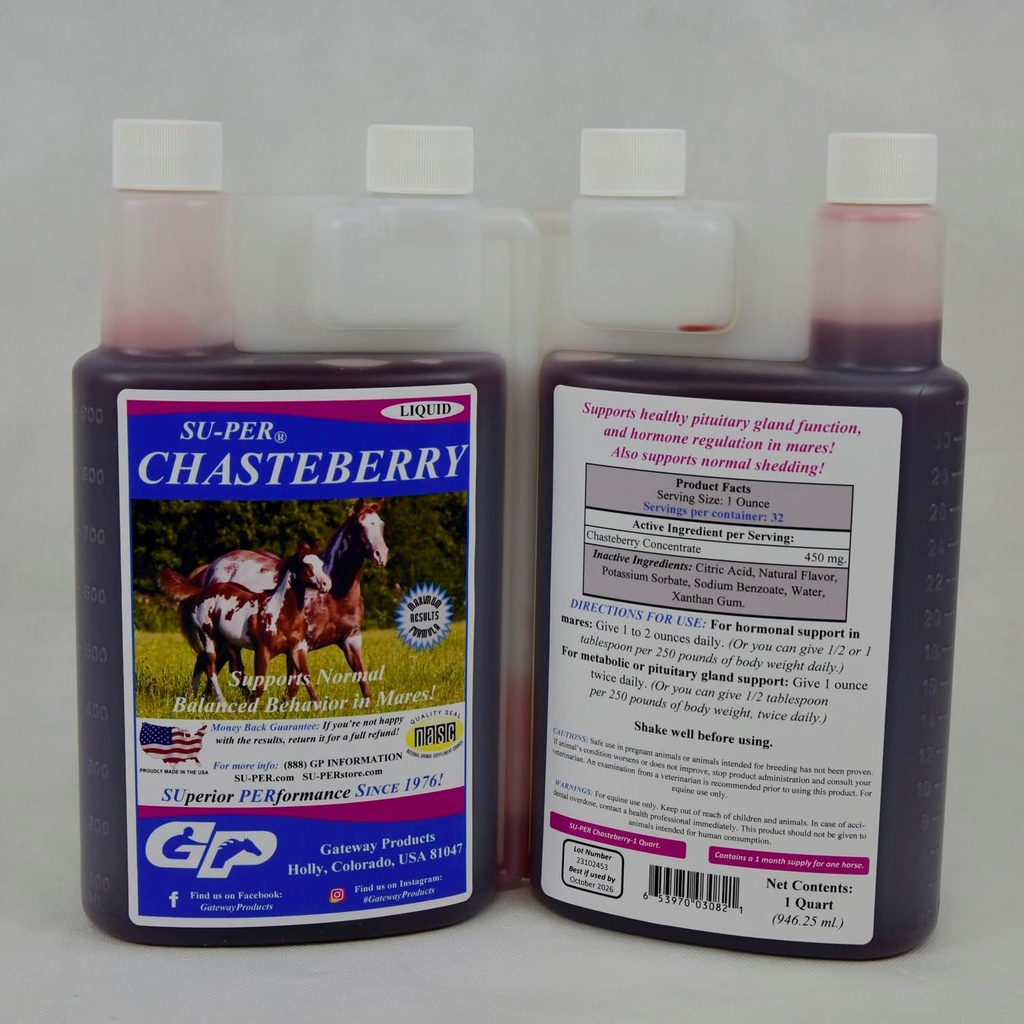 SU- PER Chasteberry supplement til heste - Understøtter Hormonregulering og sund pituitær Gland funktion i mares - Chasteberry til heste - 1 Quart, (2 Pack)
