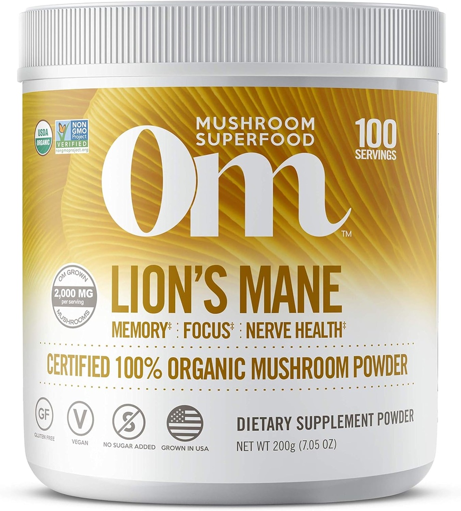 Om Organic Mushroom Nutrition Lions Mane: Memory, Focus, Nerve Health, 100 portioner, 7.14 Ounce, 200 Gram
