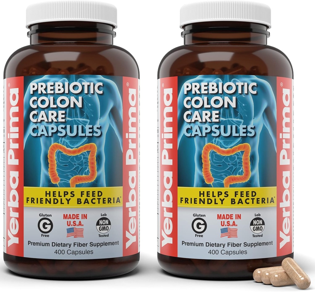Yerba Prima Prebiotic Colon Care Kapsler, 400 Caps (pakke med 2) - Fem former for kostfibre supplement - sund Opløselige & uopløselige fibre til regelmæssighed & fordøjelsesstøtte