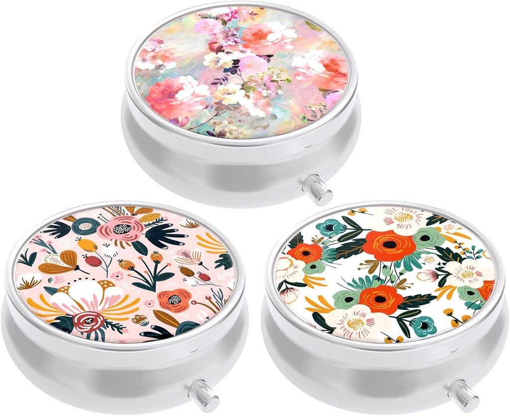 3 Pack Pill Box, Lille Pill sag for purse & Pocket, Cute Travel Medicine Organizer, Portable Medicine Container Holder til at holde vitaminer, Medicin, Fish Oil & Supplement, Pink hvide blomster