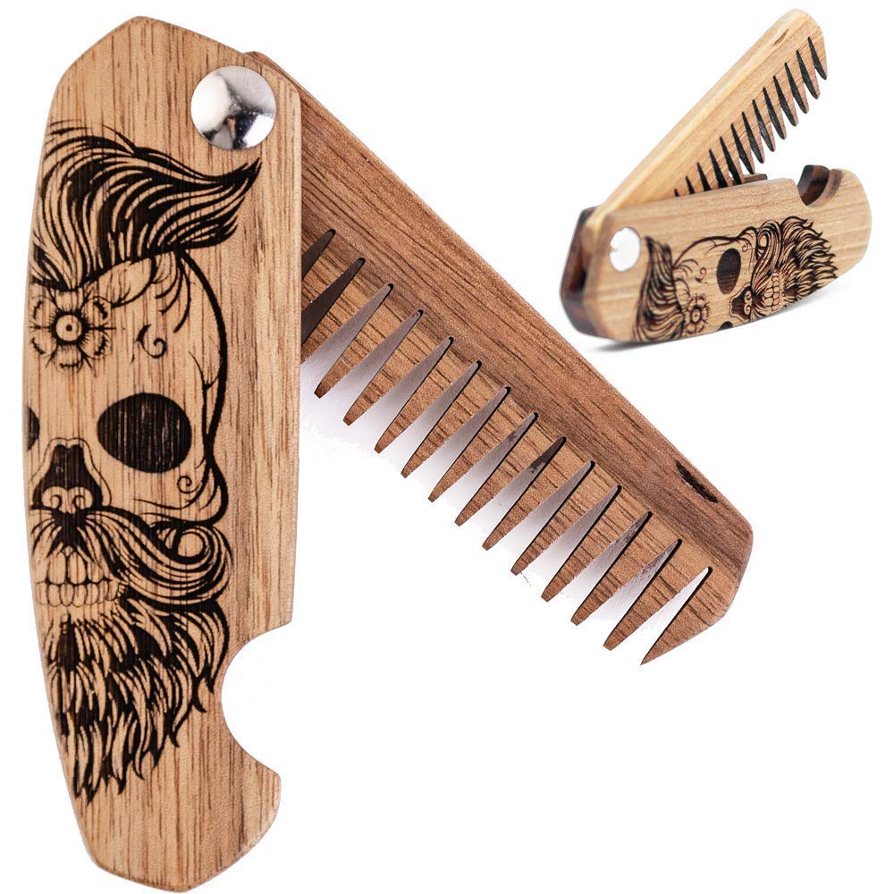 Nyd træskæg Comb for mænd, Folding Pocket Beard Tilbehør til mænd, graveret valnød Wooden Comb for Moustache, skæg & hår til ham (Half Skull)