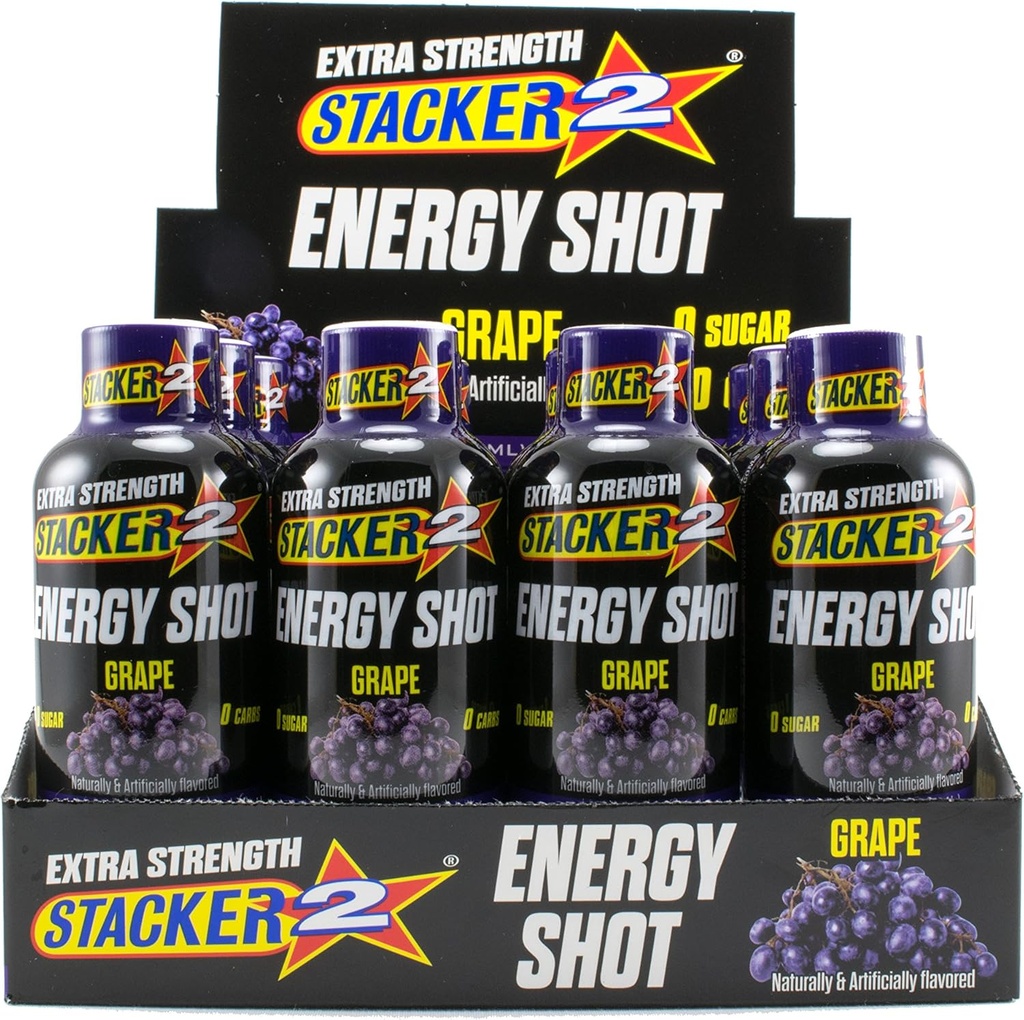 Stacker 2 Extreme Energy Shot Extra Strength, Grape, 2 Fluid Ounce (Pack of 12)