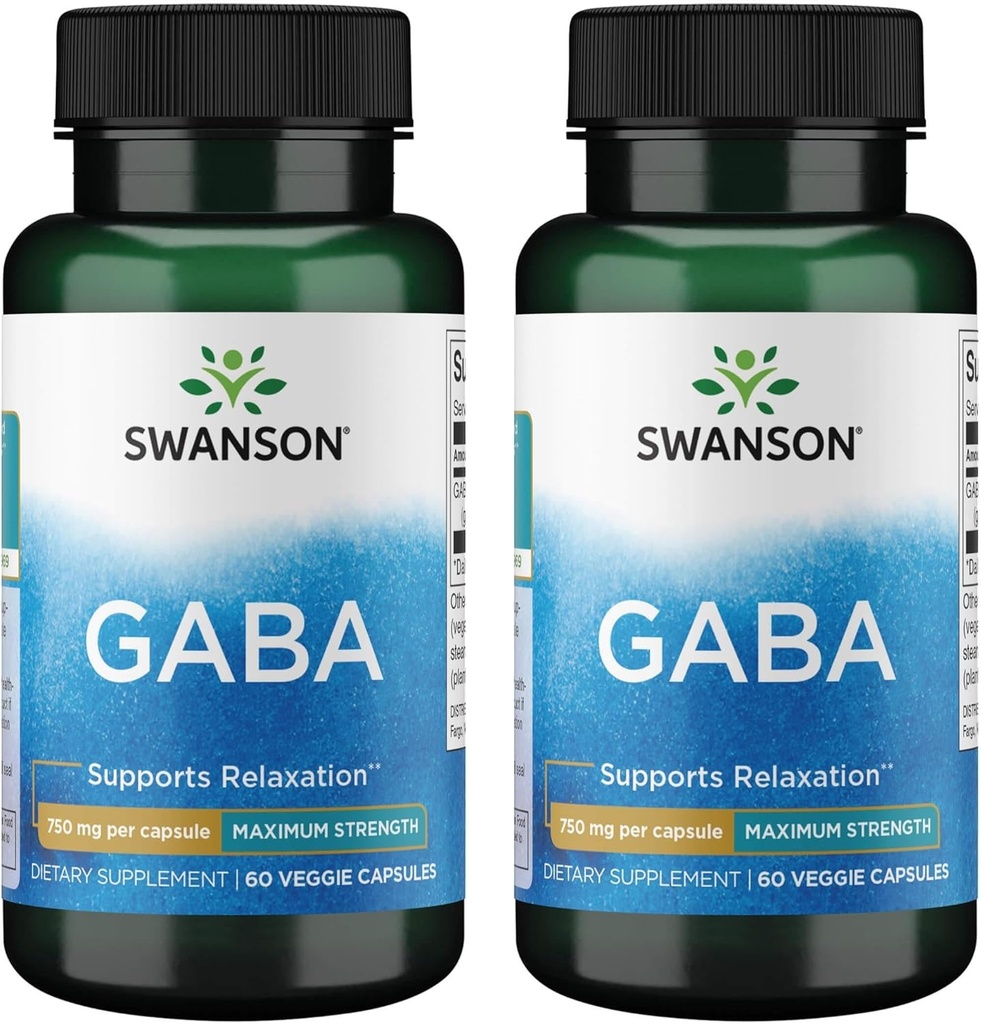 Swanson Aminosyre Maksimal styrke GABA 750 Milligram 60 Veg kapsler (2 Pack)