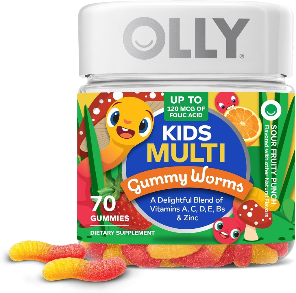 OLLY Kids Multivitamin Gummy Worms, Samlet sundhed og immunforsvar, vitaminer og mineraler A, C, D, E, B og zink, tyggetabletter, sour frugt punch, 45 dages forsyning (70 Greve)