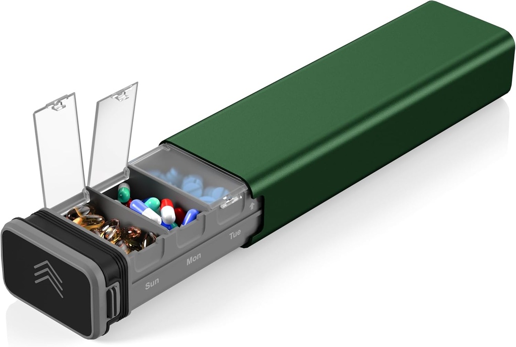 7 Dag Ugentlig Metal Pill Organizer Rejser, Kursoaya Premium Aluminium Daily Pill Box, Cute Portable Pill Case, Stor kapacitet Pill Holder til kosttilskud, piller, vitaminer, medicin (Hunter Green)