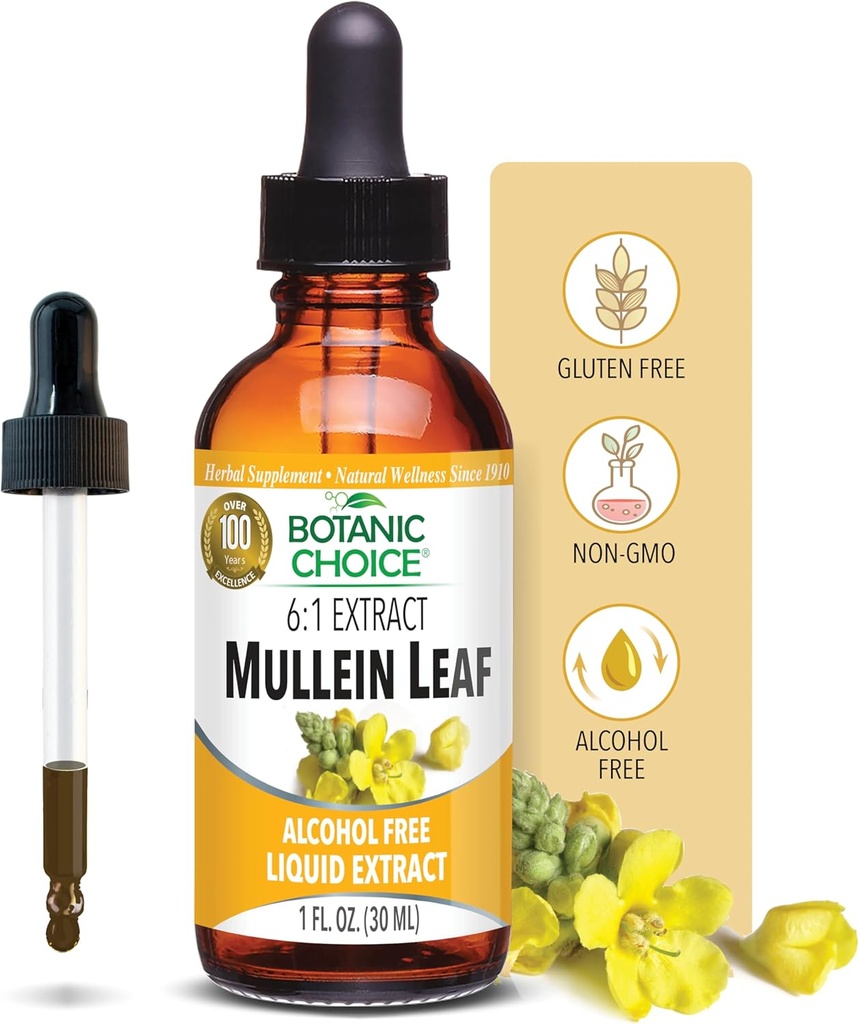 Botanic Choice Mullein Leaf Liquid Extract, Alkohol fri, Gluten fri, Traditional Respiratory Support 1 Fl. Oz.