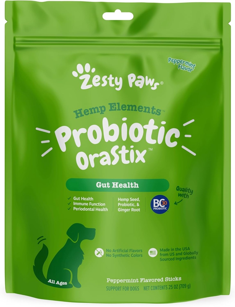 Zesess Paws OraStix til hunde - Probiotiske sticks med Hamp Seed Curcumin Ginger Root Taurine - Understøtter Gut funktion Flora immunsystem Proprietary Sunde tænder Gum Blend - 25oz
