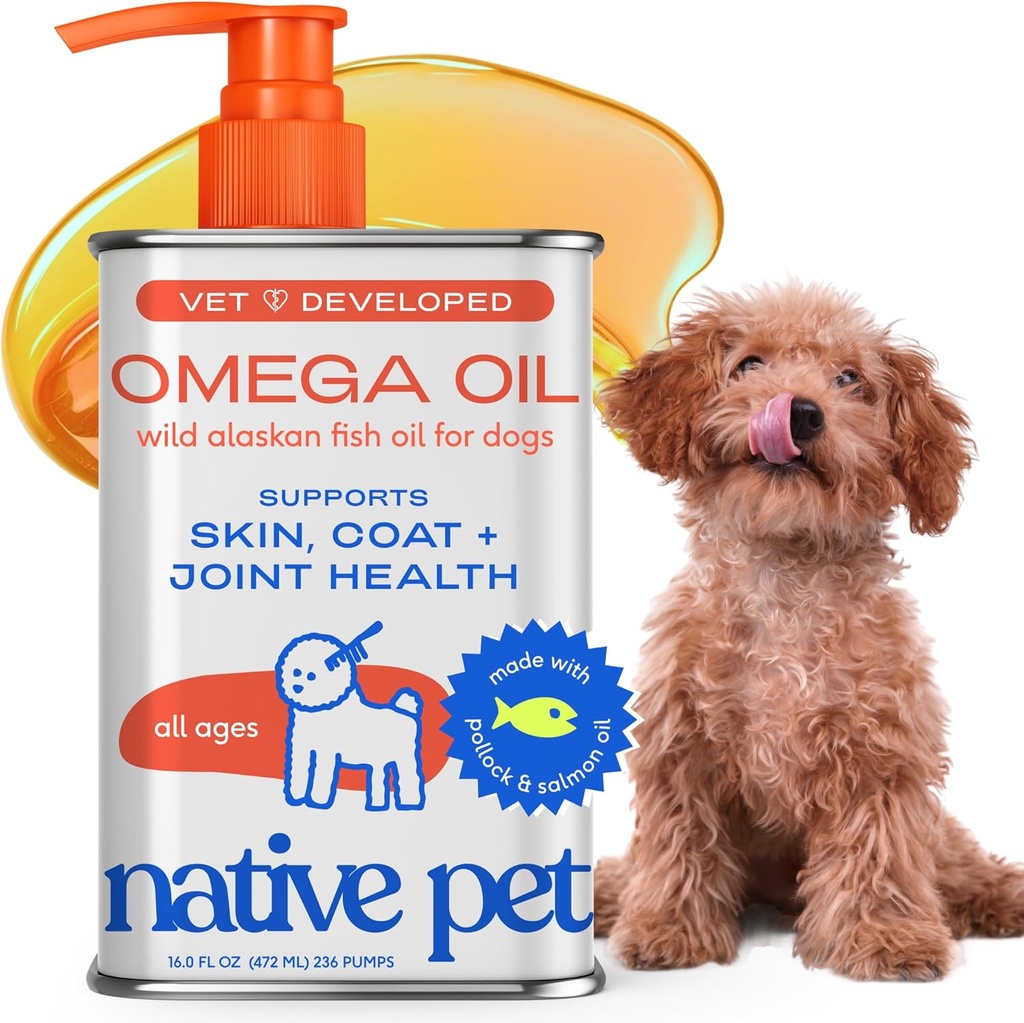 Native Pet Omega 3 Fish Oil for Dogs & Cats - fremmer sund hud, Shiny Coat, & Stærk Joints - Lavet med Wild Alaska Salmon Oil for Dogs - Tasty, Fast- Absorbing Omega 3 6 9 Flydende tillæg-16oz
