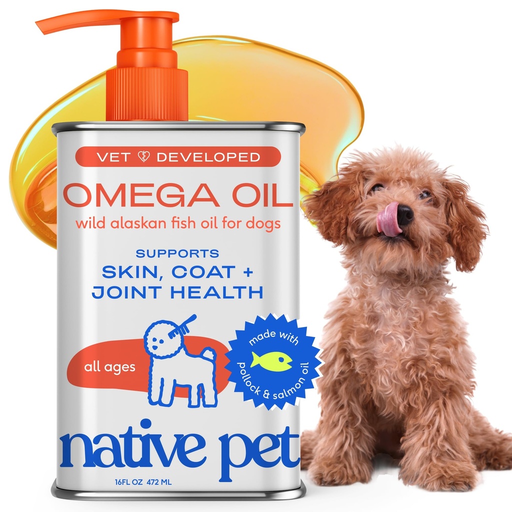 Native Pet Omega 3 Fish Oil for Dogs & Cats - fremmer sund hud, Shiny Coat, & Stærk Joints - Lavet med Wild Alaska Salmon Oil for Dogs - Tasty, Fast- Absorbing Omega 3 6 9 Flydende tillæg-16oz