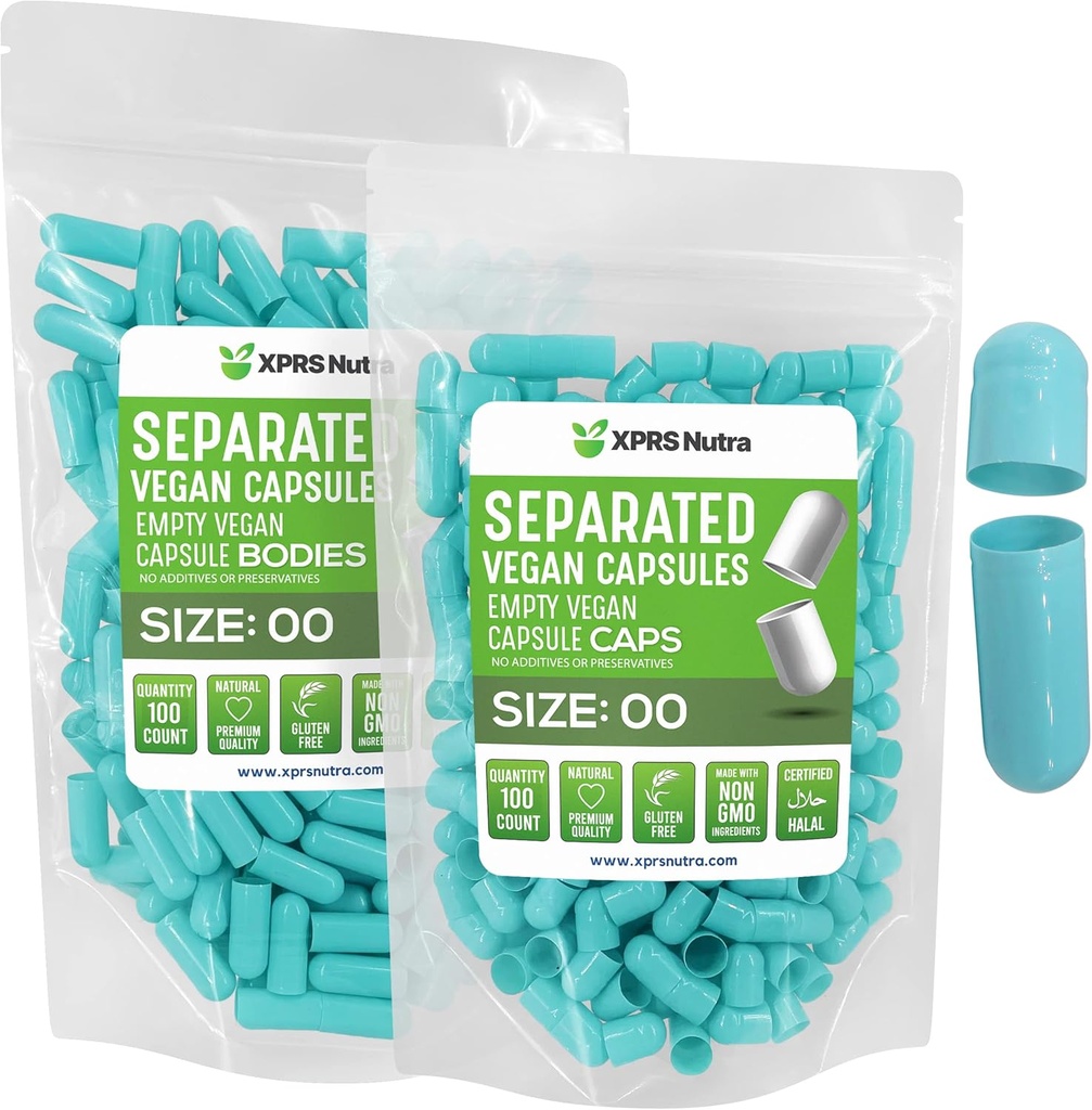 XPRS Nutra Vegan Size 00 Separated Capsules - 100 Count Premium Empty Capsules Separated in Bags - 00 Pills Empty for DIY Supplement Filling (Aqua)