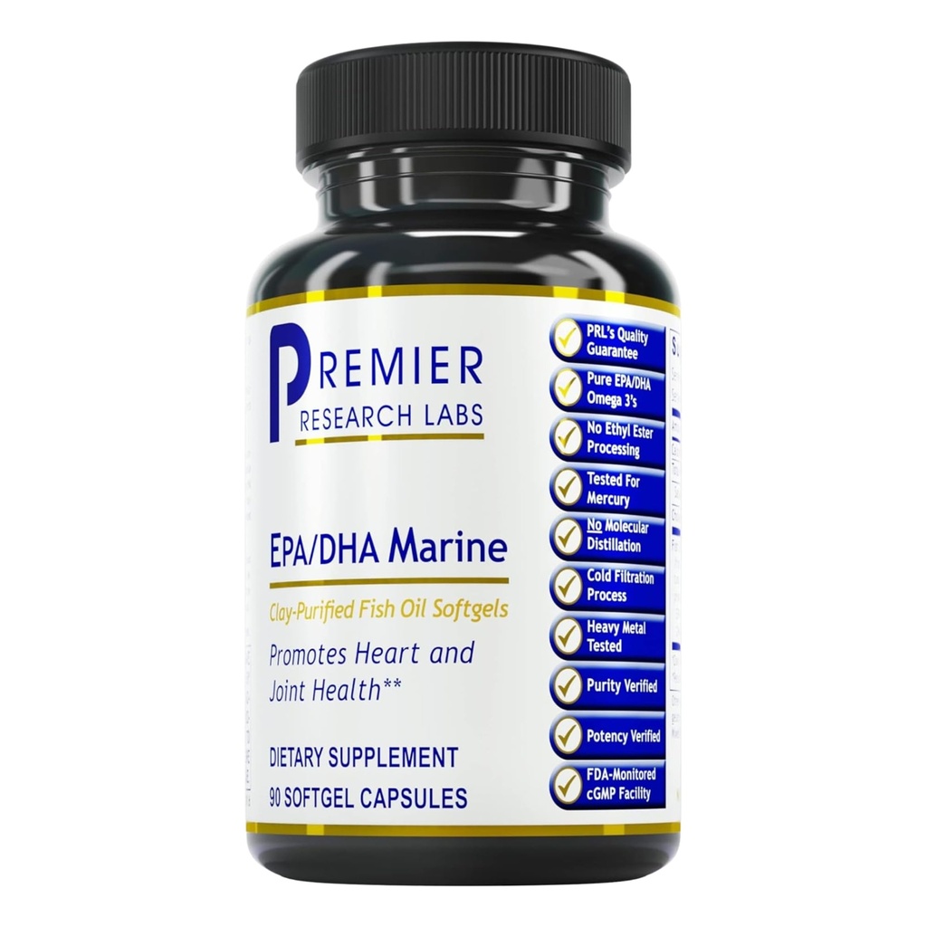 Premier Research Labs EPA DHA Marine Softgels - Omega 3 Fish Oil, EPA DHA Omega 3 Supplement, Fedtsyrer til kvinder & mænd, Natural - 90 Softgel kapsler