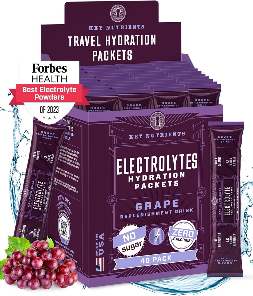 KEY NETRIENSER Electrolytes Powder Packets - Fruity Grape 40 Pack Hydration Packets - Travel Hydration Powder - Ingen sukker, Ingen kalorier, Gluten Free - Made in USA
