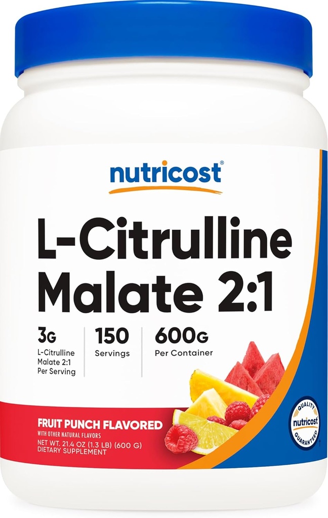 Nutricost L- Citrullin Malat 2: 1 (600g) Fruit Punch - Workout Support, Muscle Performance, Nitrooxide Booster - Fitness Supplement Powder, 75 Servering