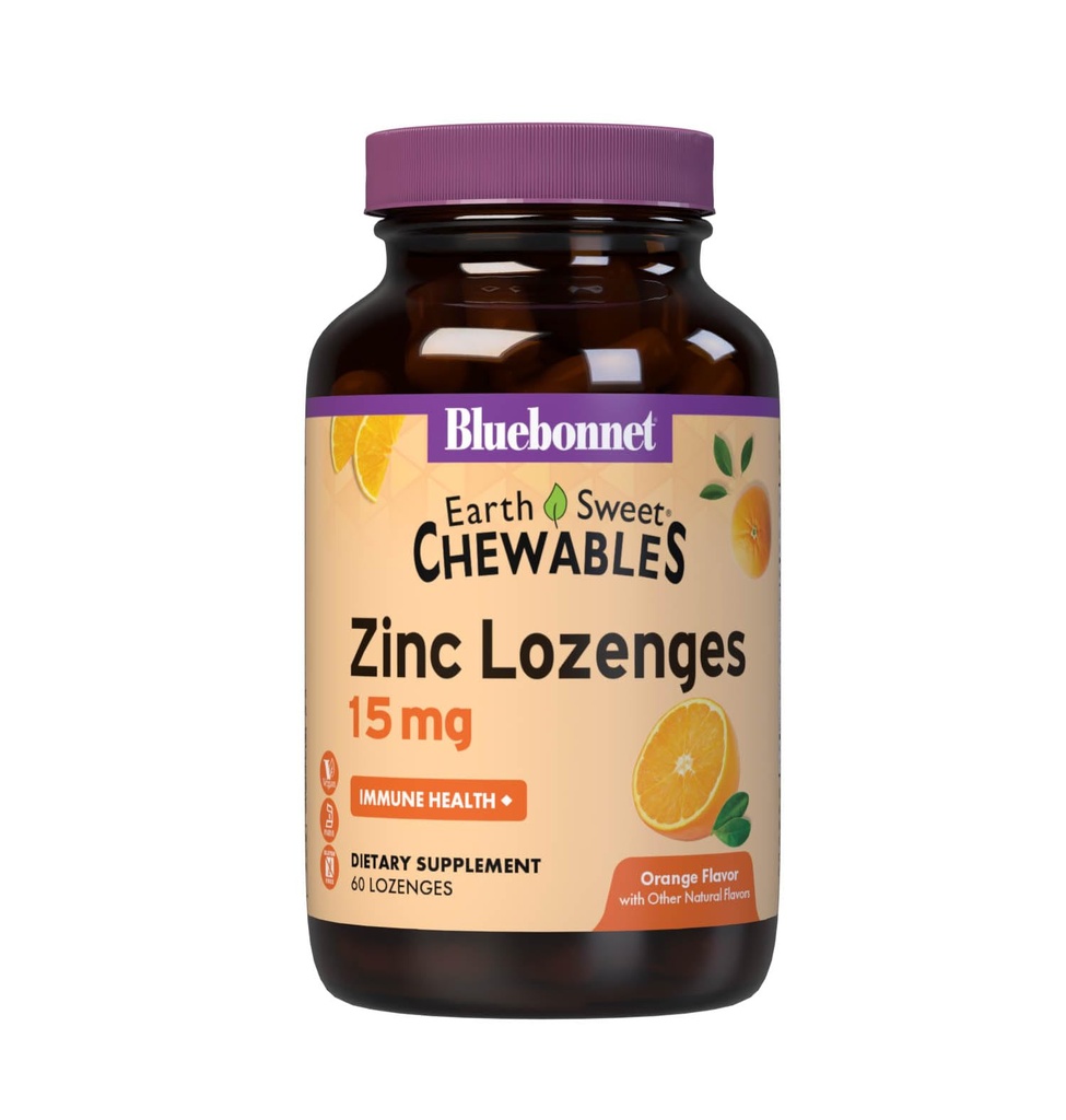Bluebonnet Nutrition Earthsweet Zink Lozenges 15mg Chewables, Plus 100mg C-vitamin, Soy- fri, Glutenfri, Kosher Certificeret, Dairy- fri, Vegan, Orange Flavored, 60 Lozenges