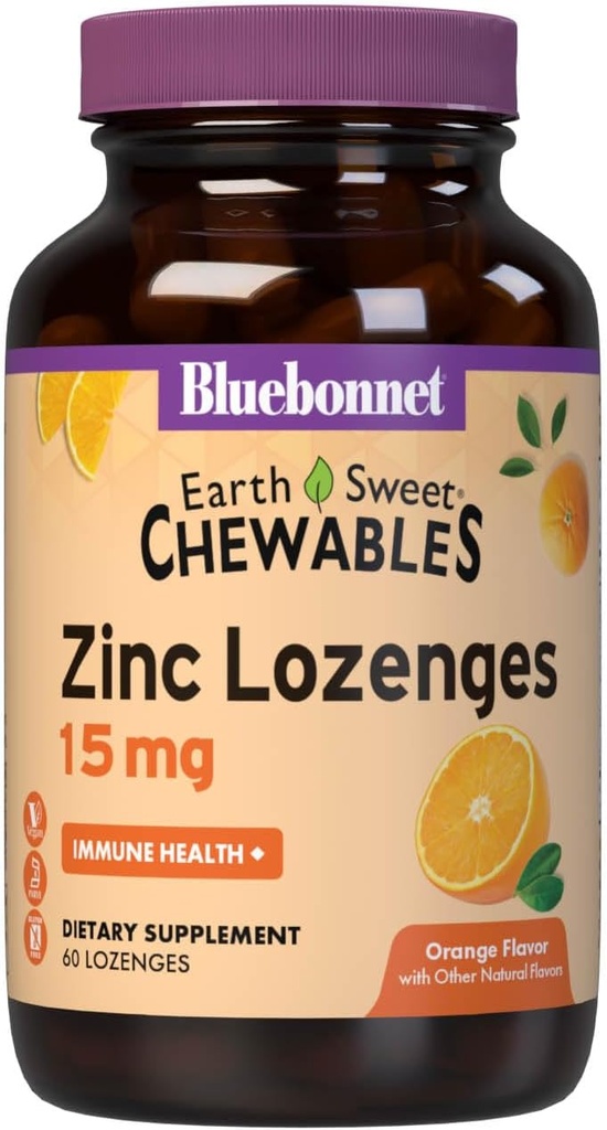 Bluebonnet Nutrition Earthsweet Zink Lozenges 15mg Chewables, Plus 100mg C-vitamin, Soy- fri, Glutenfri, Kosher Certificeret, Dairy- fri, Vegan, Orange Flavored, 60 Lozenges