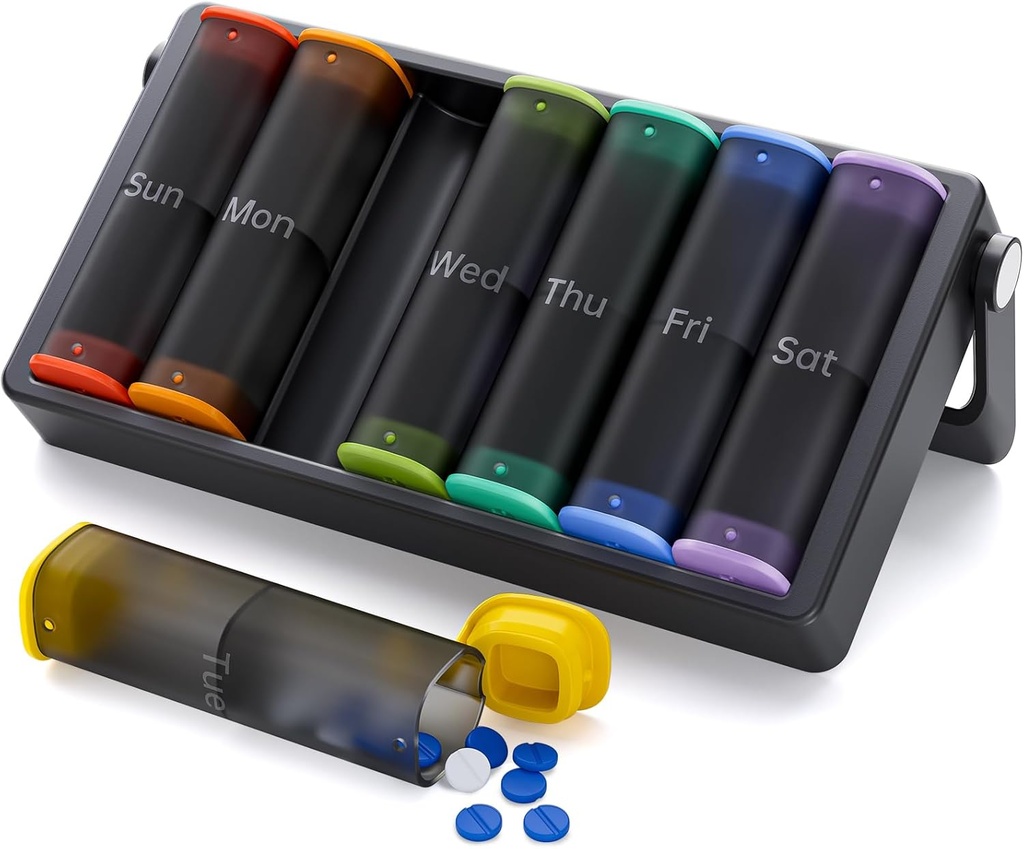 Ugentlig Pill Organizer 2 gange om dagen, KOVIUU Stor rejse Pill Box 7 dag, Am Pm to gange daglig Pill sag med roterende håndtag, Pill Holder Container for Vitamin, Medicin, tillæg, gennemsigtig-sort