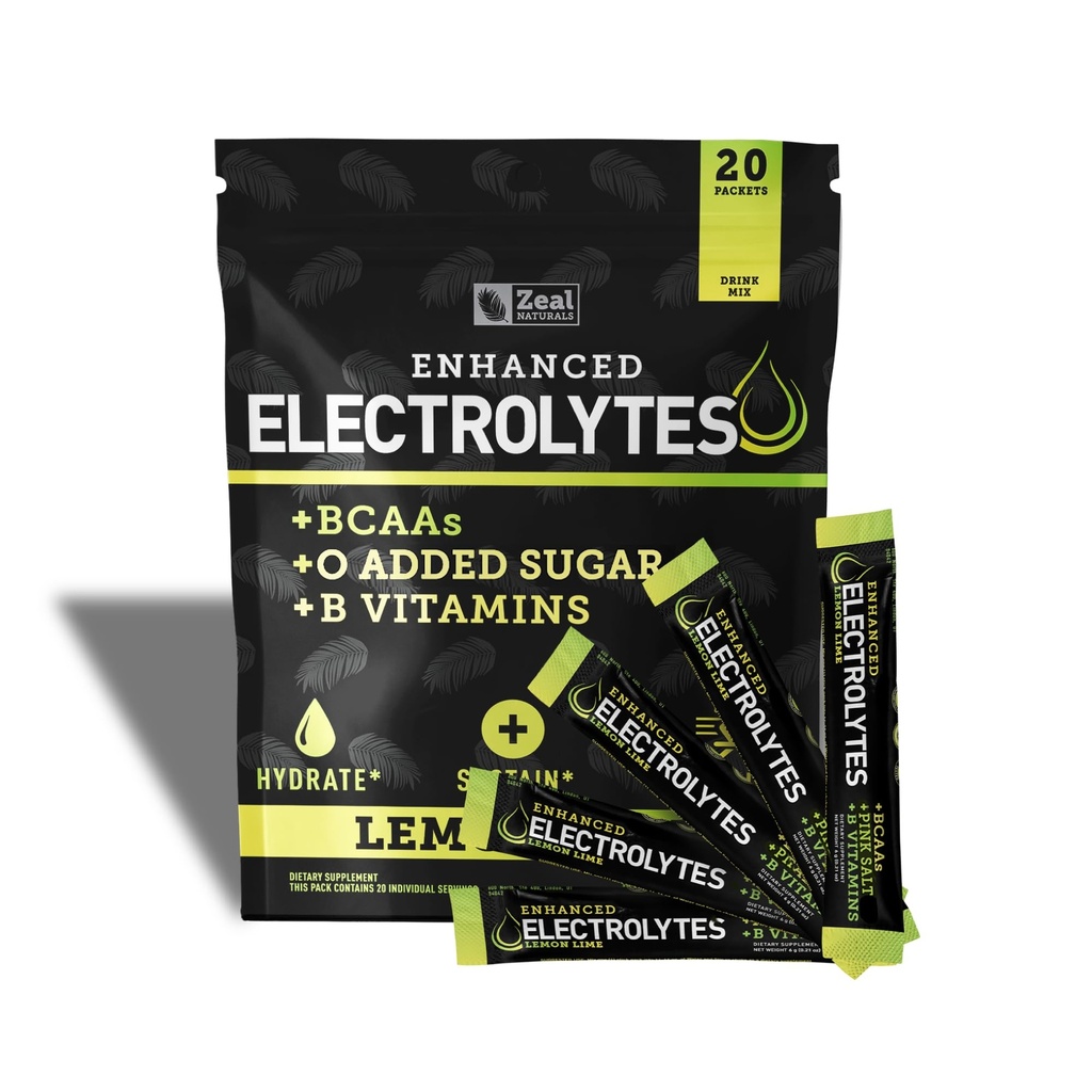 Forstærket electrolyte Powder Stick Packs (Lemon Lime) 124; 20 Pakker) w / 0 Sukker + BCAAs + B- Vitaminer Electrolyte Supplement w Kalium Zink & Magnesium til hydrering - Keto Electrolytes