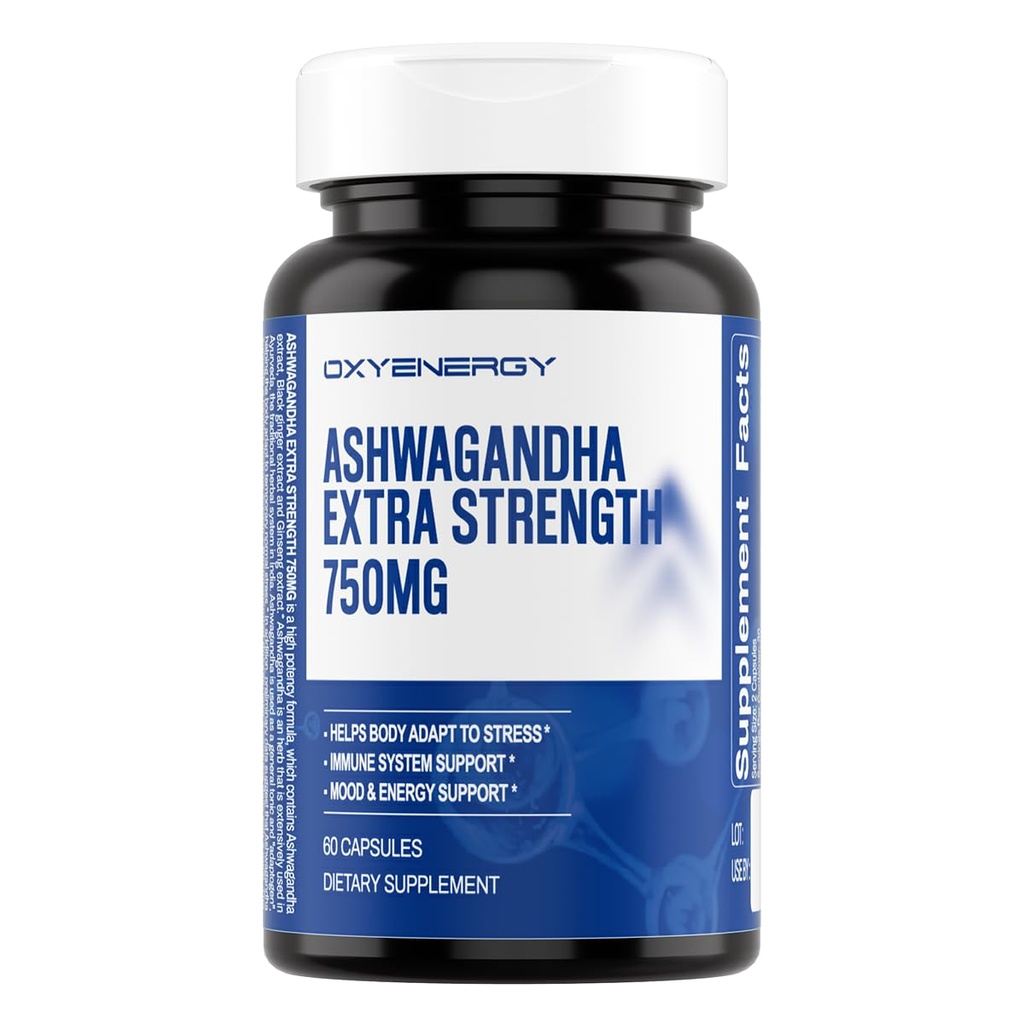 OxyEnergy Ashwagandha Extra Strength- 750mg- Stress Relief- Immun & Energy Support - Gluten, Dairy & Soy Free - 60 kapsler