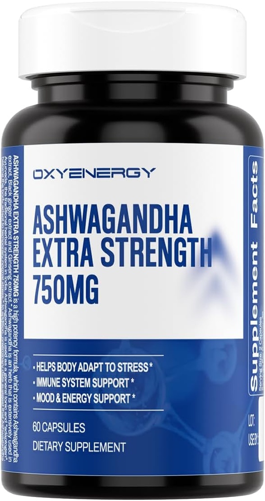 OxyEnergy Ashwagandha Extra Strength-750mg-Stress Relief- Immune & Energy Support - Gluten, Dairy & Soy Free - 60 Capsules