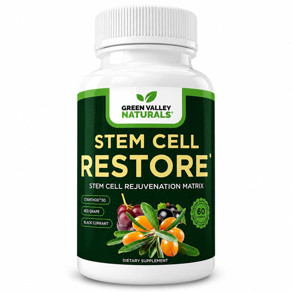 GREEN VALLEY NATURALS Stem Cell Restore – Cellular Health Support Supplement with CYANTHOX™30, Sea Buckthorn, Black Currant, Grape Seed & Resveratrol | Antioxidant & Healthy Aging Support | 60 Caps