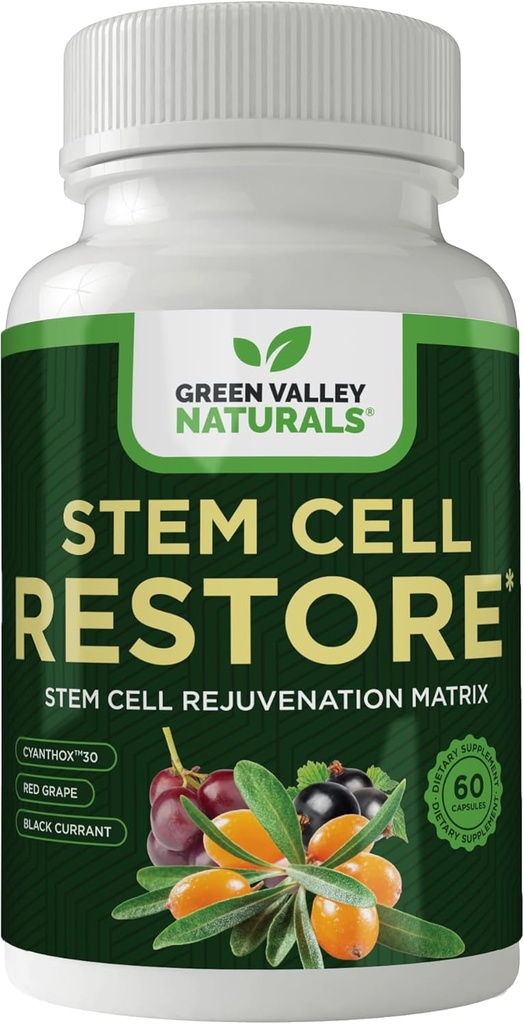 GREEN VALLEY NATURALS Stem Cell Supplement - Økologisk Tibetansk Hav Buckthorn-Resveratrol, D-vitamin, Bishop 's Hat Extract (1 flaske, 60 greve)