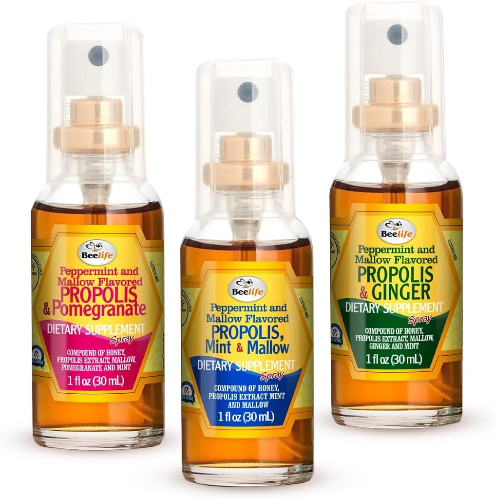 Beelife Propolis Throat Spray - Bee Propolis Spray for Natural Immunation Support & Sore Throat Relief - Rig på antioxidanter, Flavonoider & Artepillin C, Ingen sukker, Gluten- Free -3- Pack, 90ml (Assorted)