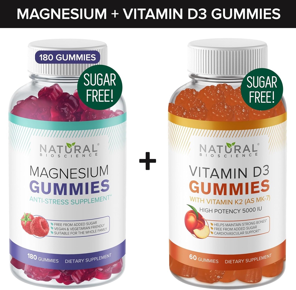 Sugar- Free Magnesium Gummies (180 Gummies) & Sugar- Free Vitamin D Gummies (60 Gummies) - Immun Support & Relaxation Value Bundle, Gelatin- Free, Gluten- Free, Vegetar, All Natural, GMO- Free, Kosher