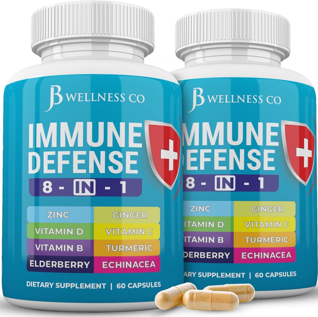 Immunstøtte 8 i 1 kapsler - Zink supplement, vitamin D3, C-vitamin og hyldebær - Immunbooster Ginger Root, og gurkemeje - [2-Pack]