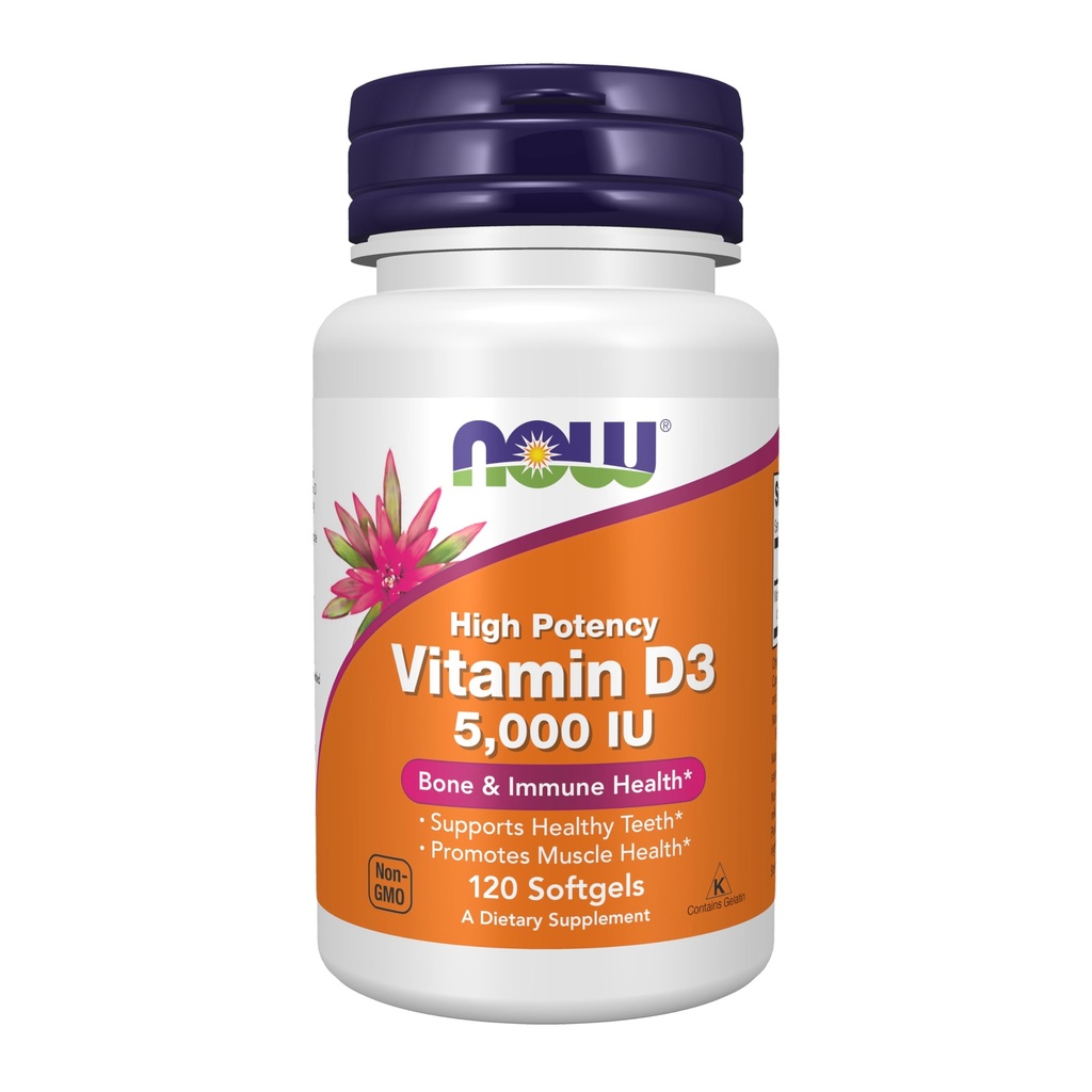 Now Foods Supplements, D3- vitamin 5000 IE, High Potency, Structural Support *, 120 Softgels