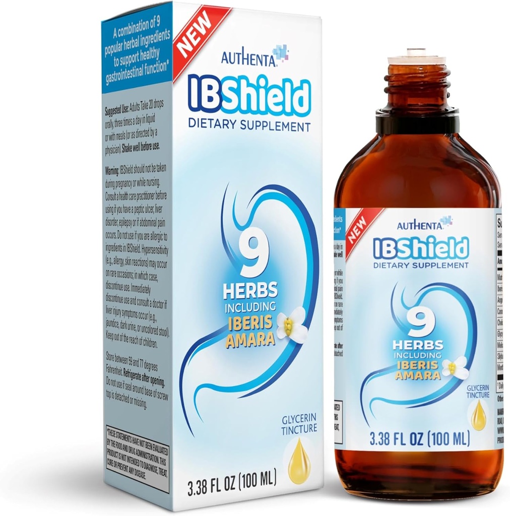 IBShield Tincture 100ml • 124; 6 + 3 = 9 urter • 124; IBis Amara, pebermynte, kamille, Lemon Balm, Caraway, Licorice, Angelica, Celandine & Marys Thistle • 124; Original Herbal Formel Understøtter fordøjelsesbesvær