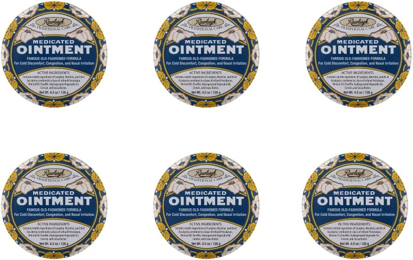 Rawleigh Medicated Salve: 4.5 oz Blue Tin, Topical Chest Rub for Cold, Nasal Congestion, Minor Aches and Pain, with Campher, Menthol & Eucalyptus, Non-Greasy Formel - Pack of 6
