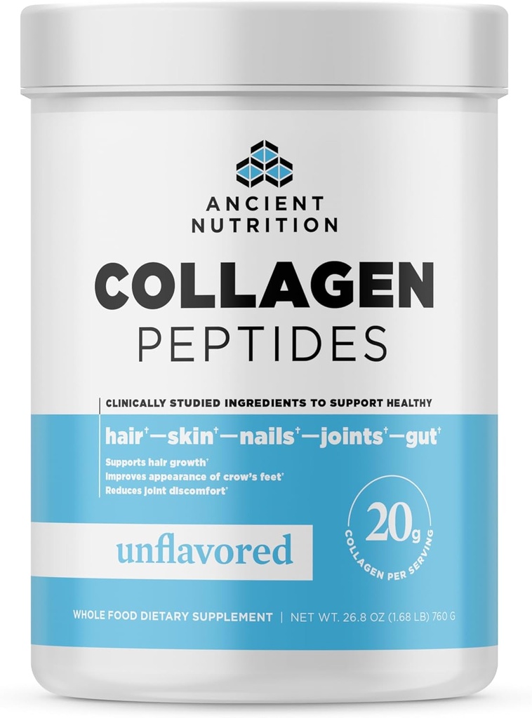 Ancient Nutrition Collagen Peptider, Collagen Peptider Powder, Unflavored Hydrolyzed Collagen, Understøtter sund hud, Joints, Gut, Keto og Paleo Friendly, 38 Servering, 20g Collagen pr Servering